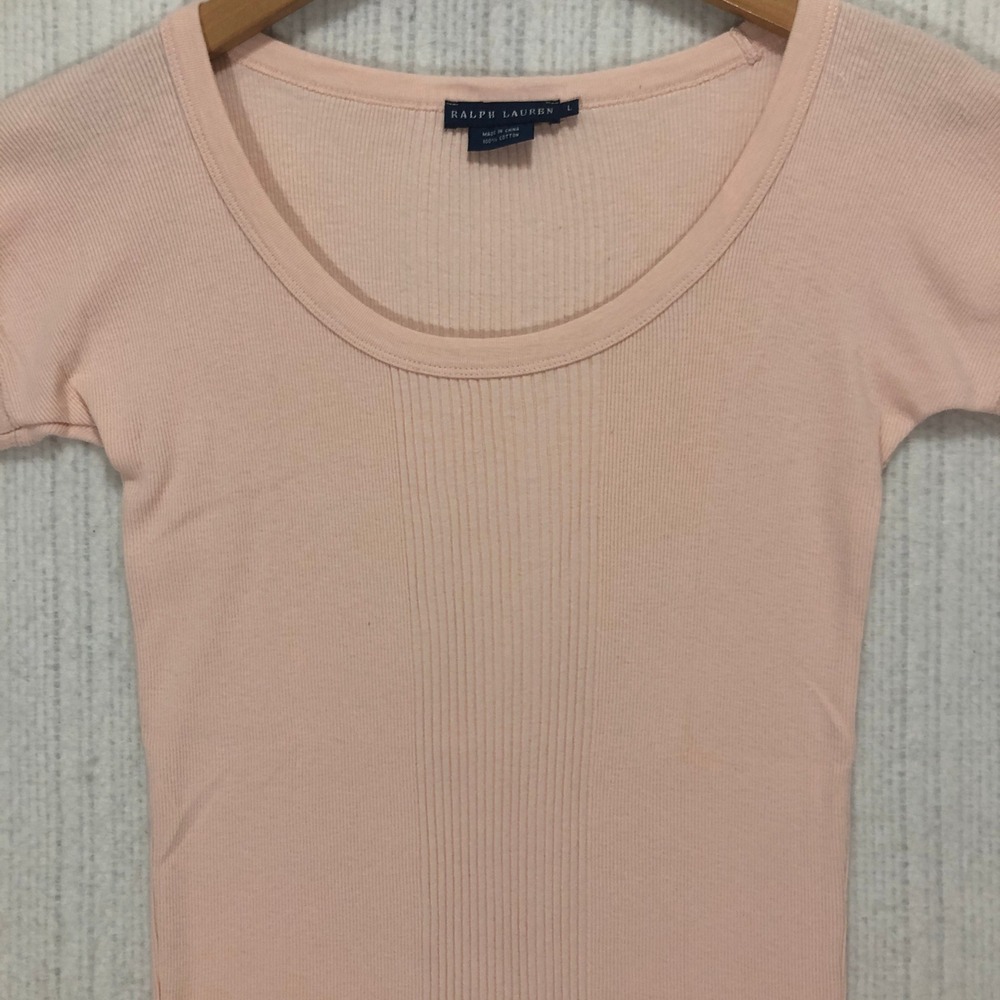 Ralph Lauren Womens Peach Pink Ribbed‎ Cotton Scoop Neck Short Sleeve Top Size L